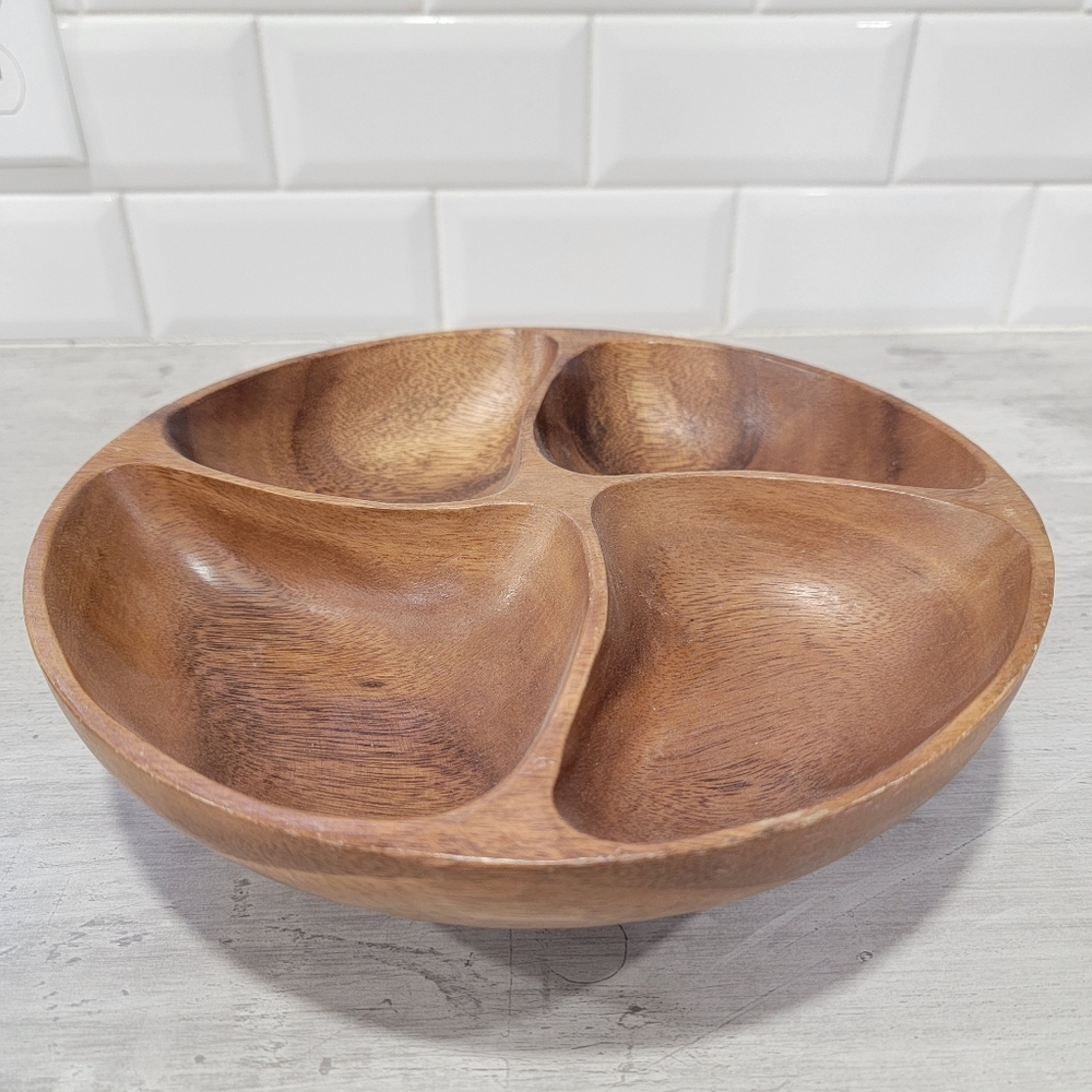 Vintage Wooden Swivel Serving Dish Divided Plate Carved Lazy Susan Mid-Century - Picture 14 of 15